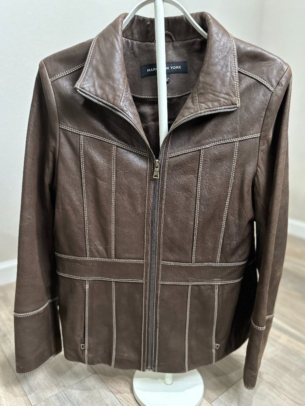 Marc New York Brown Lambskin Leather Jacket Women’s L Contrast Stitch